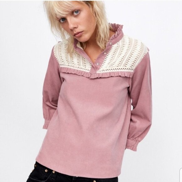 ZARA BASIC CORDUROY CROCHET TRIM BOXY CUT TOP Women's Small BLOUSE - Picture 1 of 6